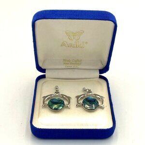 Ariki Dolphins Earrings Paua Abalone Shell Silver Toned Metal New Zealand